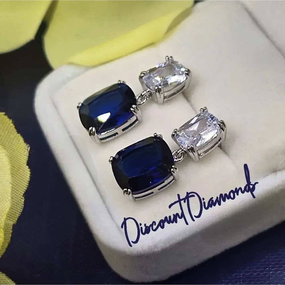 Deep Sea Blue & White Dangle Sapphire Stud Earrings  on 925 Silver